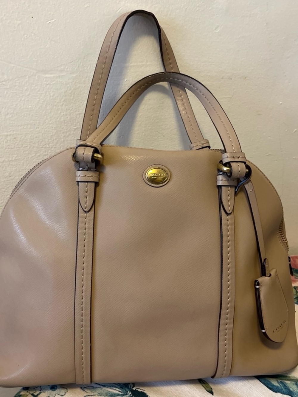Coach Beige/Taupe Leather Satchel with Gold Accent